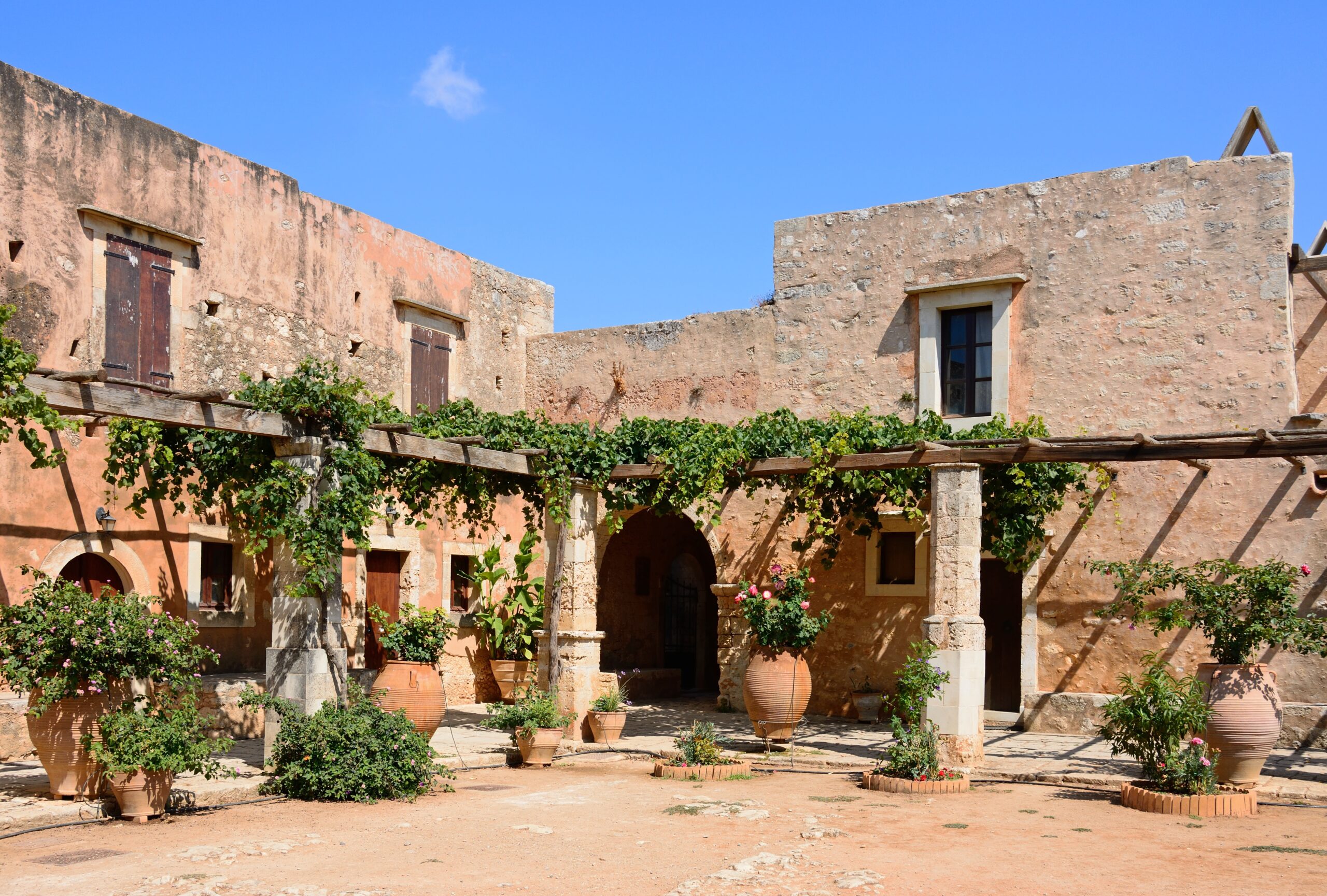 view of the monk cells at arkadi monastery, crete.